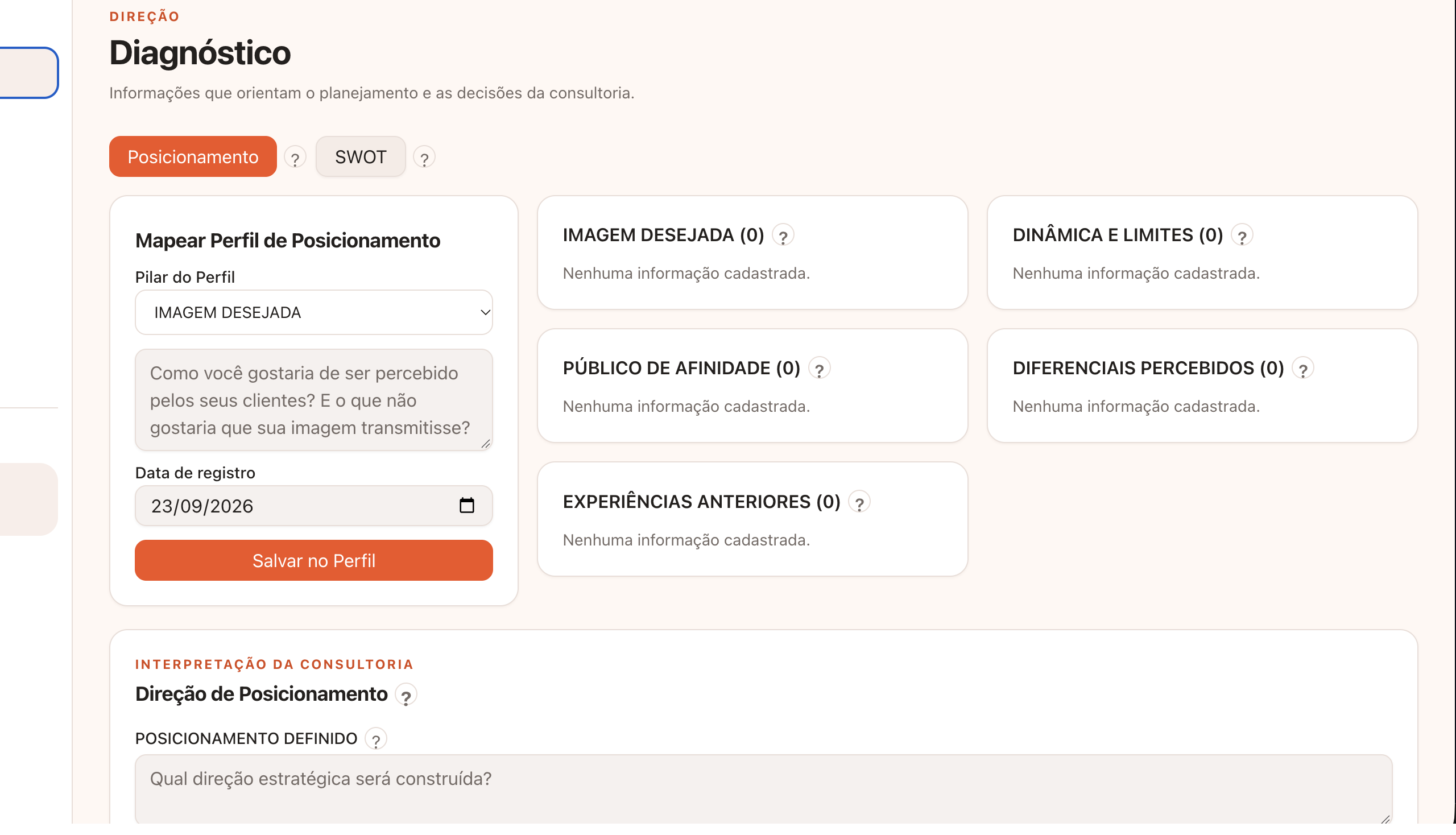 Tela real de Diagnóstico e Posicionamento da plataforma Impulsionar