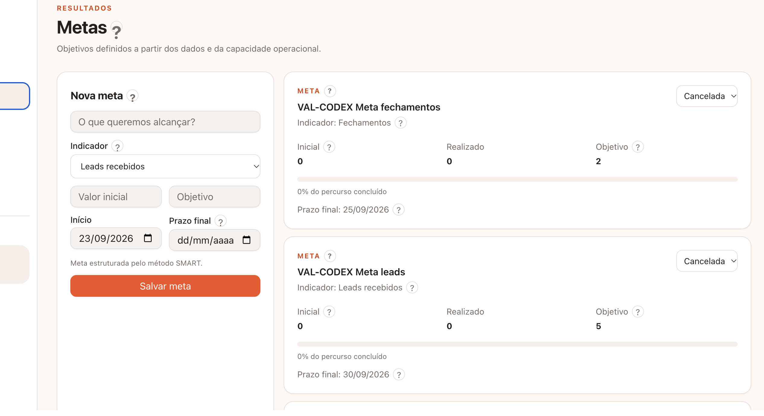 Tela real de Metas da plataforma Impulsionar